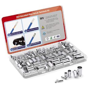 AIRIC 168 Pcs Wire Ferrules Kit 12-1/0 Gauge, Tinned Crimp Copper Ferrule Connectors, Non Insulated Wiring Electrical Cable Pin Cord End Terminal Sleeves, Assortment Kit for 12 10 8 6 4 2 1/0 AWG