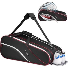 Ytonet Tennis Bag 6 Rackets, Large Tennis Racket Bag for Men Women with Insulated Pocket Shoe Compartment Water Resistant 3-Ways Carry Padded Badminton Cover for Pro/Team/Familiy Training, Black