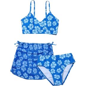 SHENHE Girl's Floral 3 Piece Bikini Set Swimsuit Strap Bathing Suit with Beach Cover Up Skirt