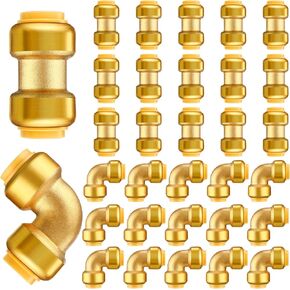 Sweetude 30 Pcs Push to Connect Plumbing Fittings 1/2 Inch, 15 Pcs Straight Coupling and 15 Pcs 90 Degree Elbow Fitting Brass Plumbing Fittings Easy Connect for Copper Pex Cpvc Pipe