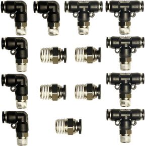 15 Pcs Push to Connect Fittings 1/4 Inch Tube OD x 1/4 Inch NPT Pneumatic Male Thread Straight Elbow Combination Push Quick Release Connectors Connect Air Line Fittings Plumbing Fittings