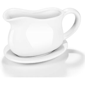 Gravy Boat, Sauce Boat 18 oz Gravy Bowl with Tray, Ceramic Serving Dish for Sauces, Dressings and Creamer with Large Handle, Designed for Microwave Safe Omesata