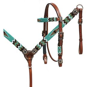 Showman Leather Headstall and Breast Collar Set with Teal, Gold & Black Beaded Overlay w Cross