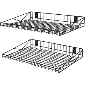 2 Pack Garage Wall Shelf, Garage Wall Mounted Shelving, Heavy Duty Floating Shelves With 4 Hooks, Loads 90 LBS Black Wall Shelves Mesh Storage Rack for Office, Basement, Wall Cabinet and Kitchen