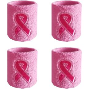 4 Pcs Breast Cancer Awareness Ribbon Wristbands Stretchy Sport Wristbands Athletic Sweat Wristbands Basketball Tennis Wrist Bands Workout Wrist Support Bands Pink
