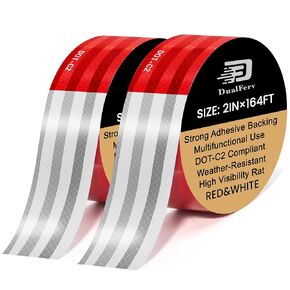 Reflective Tape Outdoor Waterproof, 2inch x 164Feet DOT-C2 High Visibility Tape, Strong Adhesive Reflective Safety Tape, White and Red Reflective Tape for Cars, Trucks, Vehicles, Trailers, 2 Rolls