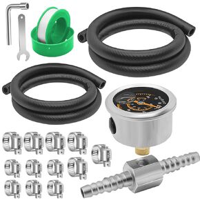 0-100Psi Fuel Pressure Gauge Kit, 1/8" NPT Fuel Pressure Gauge, 100psi Liquid Filled Pressure Gauge with 5/16" and 3/8" Fuel Line Hose, 304SS 2-Way 5/16" to 3/8" Barb Hose Fitting