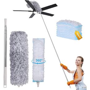 Feather Duster Kit with 31-99in Extendable Long Handle, 10 Disposable Dusters Refills, 1 Reusable Microfiber Duster - Cobweb Duster Tool for Cleaning High Ceiling Fan