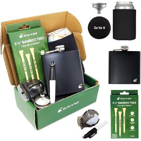Collection Box - Complete Golfer's Set with Flask, Funnel, Can Insulator, 25ct 3.25 inch Golf Tees & Ball Marker Holder For Men & Women Golfer Ethusiast