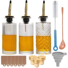WHJY 3 Pack Small Syrup Dispenser Simple Syrup Container with Pour Spout Glass Syrup Bottles with Refilling and Cleaning Tool Set Geometric Pattern Coffee Syrup Dispenser with Label Tags