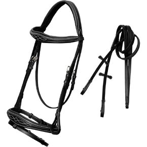 Exion Horse English Jumping Flash Bridle with Ergonomic Crown Piece, Soft Padding Anatomic Design Snaffle Noseband and Rubber Rein for Horses