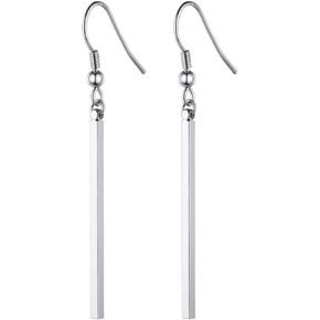 14K White Gold Plated Long Dangle Earrings, Hypoallergenic Minimalist Vertical Bar Drop Earrings, Lightweight Simple Geometric Jewelry for Women