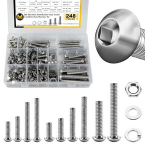 248Pcs Nuts and Bolts Assortment Kit, 1/4-20 Bolt, 5/16-18 Bolt, 3/8-16 Bolt, 304 Stainless Steel Button Head Socket Cap Assorted Nuts and Bolts, Bright Finish Nuts and Bolts