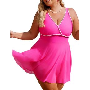 Hanna Nikole Plus Size Bathing Suit for Women One Piece Swim Dress Tummy Control Bathing Suit V Neck Shell Slimming Swimwear