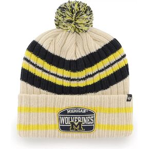 47 Michigan Wolverines Natural Hone Cuff Striped Beanie Hat with Pom Pom - NCAA Premium Cuffed Knit Hat