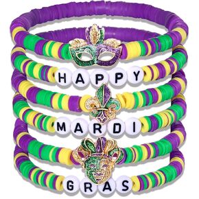FAERLIIRY Beaded Bracelets for Women Carnival Stack beaded Bracelet Bangles Charm Elastic Bracelets Purple Green Gold Stretch Bracelets Mardi Gras Accessories (Mardi Gras-3PCS)
