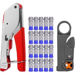 Coaxial Cable Crimper for RG59, RG6, 3-in-1 Coax Cable Repair Kit with Wire Stripper Adjustable for RG59, RG6, RG11, RG7, F-Type RG6 Connector for Satellite TV, Home Theater and Network Cabling