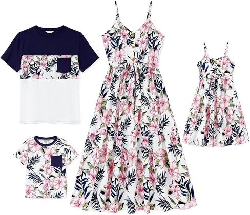 PATPAT Family Matching Outfits Mommy and Me Dresses Spaghetti Sleeveless Summer Vacation Hawaiian Dress and T-Shirts Sets in Saudi Arabia