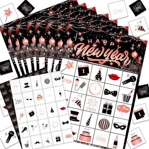 HOWAF Happy New Year Party Supplies Bingo Paper Game Cards, New Year Rose Gold Bingo Cards for New Year Party Game, Shiny Rose Gold Firework New Years Eve Party Activities in Kuwait