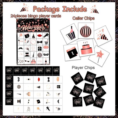 HOWAF Happy New Year Party Supplies Bingo Paper Game Cards, New Year Rose Gold Bingo Cards for New Year Party Game, Shiny Rose Gold Firework New Years Eve Party Activities in Kuwait