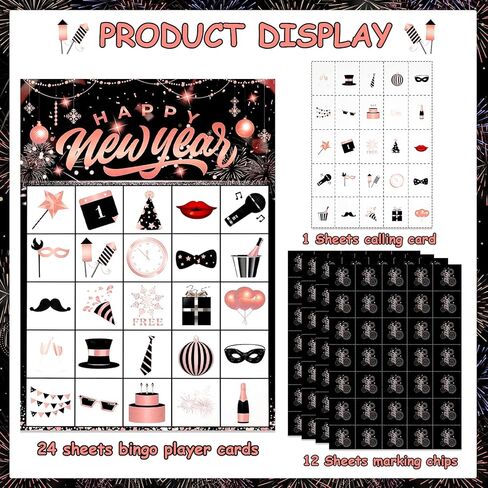 HOWAF Happy New Year Party Supplies Bingo Paper Game Cards, New Year Rose Gold Bingo Cards for New Year Party Game, Shiny Rose Gold Firework New Years Eve Party Activities in Kuwait