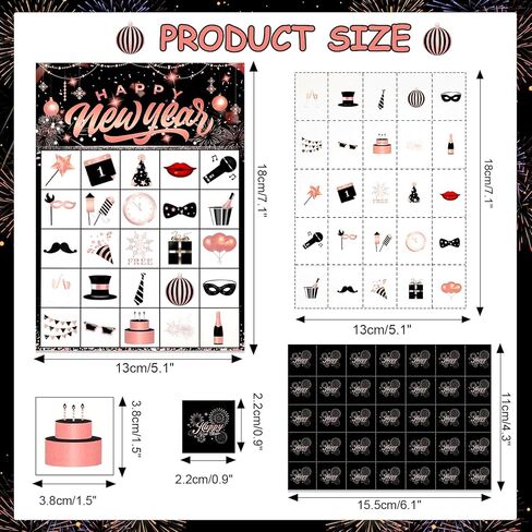 HOWAF Happy New Year Party Supplies Bingo Paper Game Cards, New Year Rose Gold Bingo Cards for New Year Party Game, Shiny Rose Gold Firework New Years Eve Party Activities in Kuwait