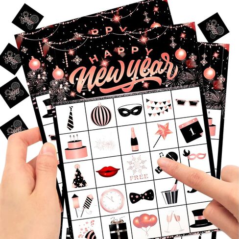 HOWAF Happy New Year Party Supplies Bingo Paper Game Cards, New Year Rose Gold Bingo Cards for New Year Party Game, Shiny Rose Gold Firework New Years Eve Party Activities in Kuwait
