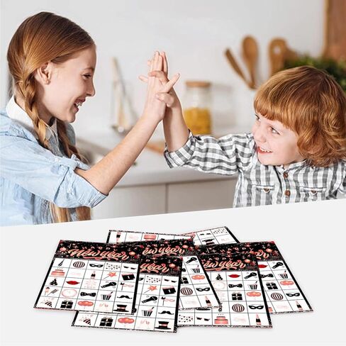 HOWAF Happy New Year Party Supplies Bingo Paper Game Cards, New Year Rose Gold Bingo Cards for New Year Party Game, Shiny Rose Gold Firework New Years Eve Party Activities in Kuwait