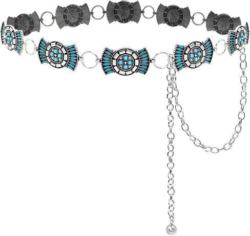 Boho Turquoise Concho Belt Silver Metal Western Turquoise Belts Waist Chain Belt for Women Dress in Saudi Arabia