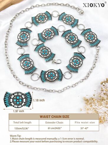 Boho Turquoise Concho Belt Silver Metal Western Turquoise Belts Waist Chain Belt for Women Dress in Saudi Arabia