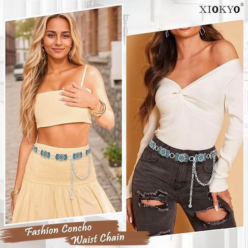 Boho Turquoise Concho Belt Silver Metal Western Turquoise Belts Waist Chain Belt for Women Dress in Saudi Arabia