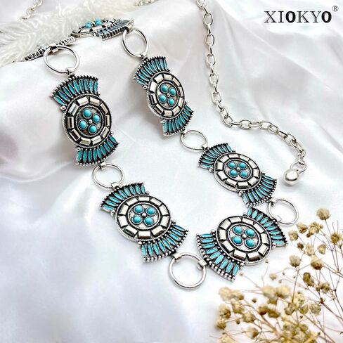 Boho Turquoise Concho Belt Silver Metal Western Turquoise Belts Waist Chain Belt for Women Dress in Saudi Arabia