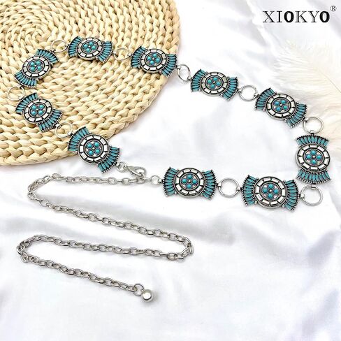 Boho Turquoise Concho Belt Silver Metal Western Turquoise Belts Waist Chain Belt for Women Dress in Saudi Arabia