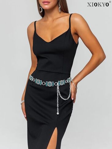 Boho Turquoise Concho Belt Silver Metal Western Turquoise Belts Waist Chain Belt for Women Dress in Saudi Arabia