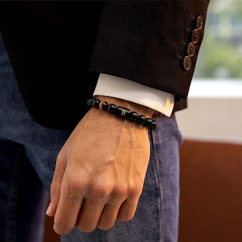 FRG Initials Bracelets for Men Letter Link Handmade Natural Black Onyx Tiger Eye Stone Beads Braided Rope Meaningful Bracelet in Kuwait
