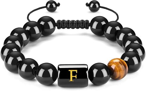 FRG Initials Bracelets for Men Letter Link Handmade Natural Black Onyx Tiger Eye Stone Beads Braided Rope Meaningful Bracelet in Kuwait