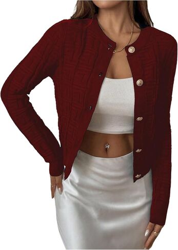 GORGLITTER Women's Button Up Cropped Sweater Cardigan Long Sleeve Crew Neck Plaid Pattern Knit Top in Saudi Arabia