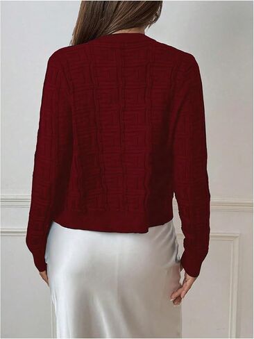 GORGLITTER Women's Button Up Cropped Sweater Cardigan Long Sleeve Crew Neck Plaid Pattern Knit Top in Saudi Arabia