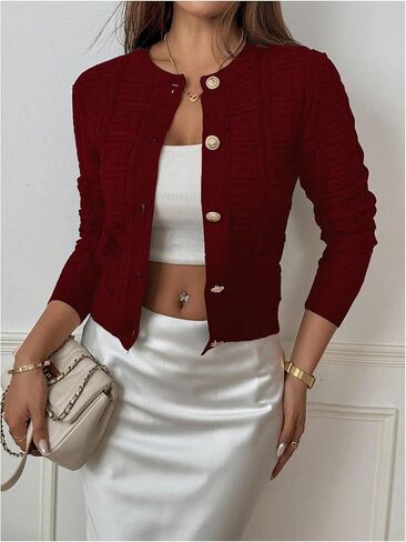 GORGLITTER Women's Button Up Cropped Sweater Cardigan Long Sleeve Crew Neck Plaid Pattern Knit Top in Saudi Arabia