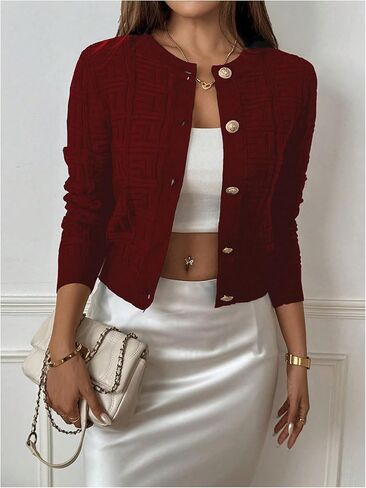 GORGLITTER Women's Button Up Cropped Sweater Cardigan Long Sleeve Crew Neck Plaid Pattern Knit Top in Saudi Arabia