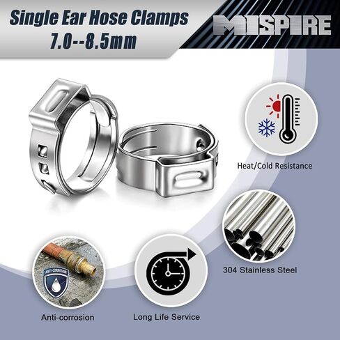 7.0-8.5mm Single Ear Hose Clamps 100PCS, 304 Stainless Steel Crimp Hose Clamps, Perfect for Automotive/Home Appliance/Water Pipe and Fuel Line, Stepless Hose Clamp by MISPIRE in Saudi Arabia