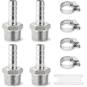 Stainless Steel Barbed Hose Fittings, Josaton 1/2" Hose Barb to 3/4" Male Npt, Hose Barb Fittings Air Hose Repair Kit, Barbed Adapter with Hose Clamp, for Water Fuel, Home Brew, Industrial, 9PCS