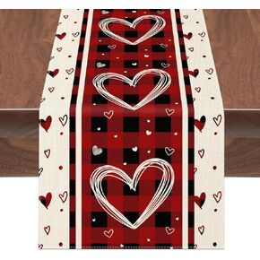 Buffalo Plaid Love Hearts Valentine's Day Table Runner, Seasonal Kitchen Dining Table Decoration for Indoor Home Party 13x72 Inch