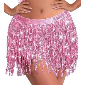Women's Sequin Tassel Belly Dance Skirt Wrap Rave Sparkly Fringe Skirts Boho Tassel Hip Scarf Rave Costume