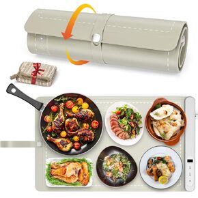 CiCiKiea Food Warming Mat - Electric Heating Food Warmer with 6 Temperature Settings & 6 Hours Timer, Full Surface Heating Food Warmer Rollable Heating Tray for Gatherings, Parties, Khaki