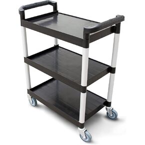 New Star Foodservice 54552 350-Pound Plastic 3-Tier Utility Bus Cart with Locking Casters, 42.5" x 19.5" x 38.5", Black