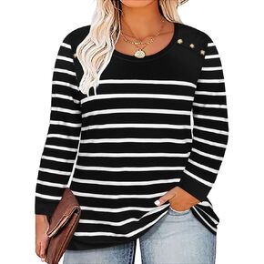 TIYOMI Plus Size Tops for Women Long Sleeve Shirts Crewneck Tunics Button Up Casual Loose Fit Tshirt XL-5XL 14W-28W