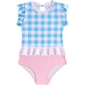 LIZENS Girls' Swimwear One Piece Scoop Neck Ruffle Sleeveless Blue Plaid Beach Bathing Suit for Kids