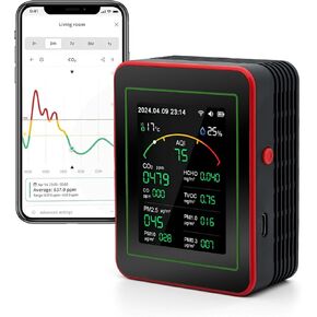 15-in-1 Air Quality Monitor, Indoor CO/CO2/HCHO/TVOC/AQI/PM0.3/PM1.0/PM2.5/PM10/Thermometer/Humidity Monitor/Date and Time/Alarm Clock/Timer/Mobile APP, WiFi, Alerts & Notifications (Black Red)