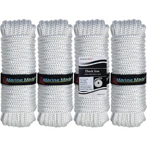 Amarine Made Dock Lines 4pcs Boat Dock Lines 1/2" X 25’, 15" Eyelet Double-Braided Boat Lines Docking 968 lbs Working Load, Nylon Dock Ropes with 4840lbs Strength, for Boat Outdoor Activities, White